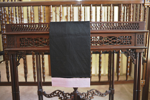 Multicolored Hemstitch Guest Towel. Black & Pink Mist border